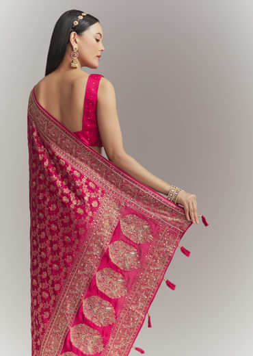 Pink Silk Embroidered Saree With Heavy Hand Embroidery