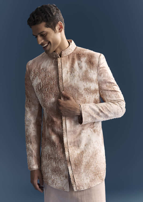Pink Silk Indo Western Set For Men With Hand Embroidery Pink Silk Indo Western Set For Men With Hand Embroidery