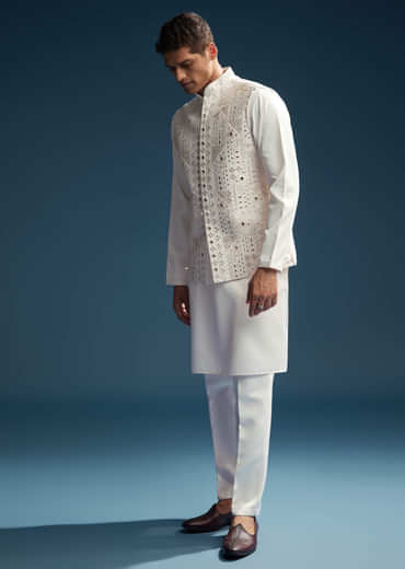Pink Silk Kurta Jacket Set For Men With Abla Work