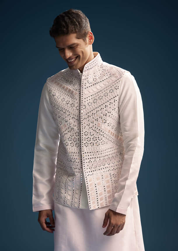 Pink Silk Kurta Jacket Set For Men With Mirror And Patch Work