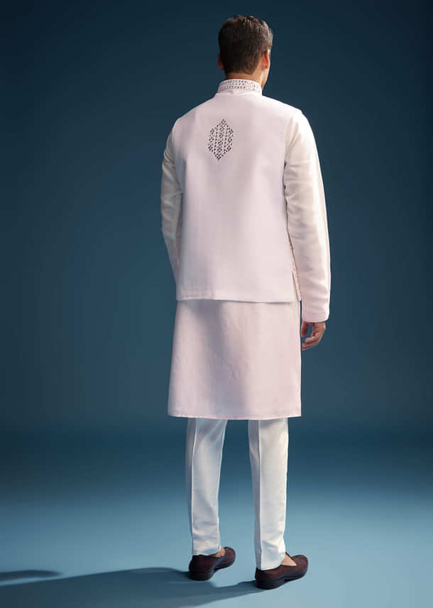 Pink Silk Kurta Jacket Set For Men With Mirror And Patch Work