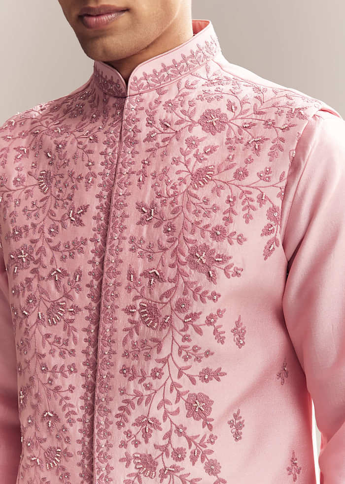 Pink Silk Kurta Jacket Set For Men With Moti Embroidery