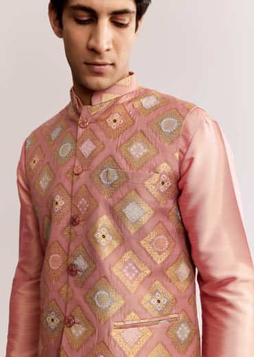 Pink Silk Kurta Jacket Set With Geometric Print