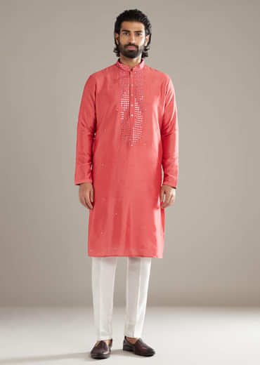 Pink Silk Kurta Set For Men With Mirror Work