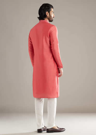 Pink Silk Kurta Set For Men With Mirror Work