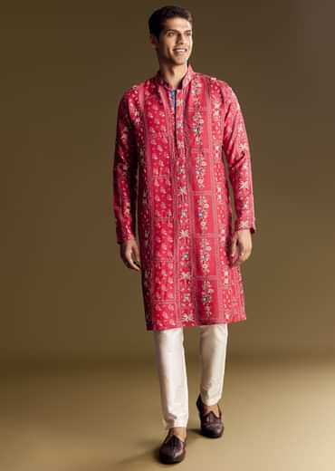 Pink Silk Kurta Set With Resham And Sequin Work