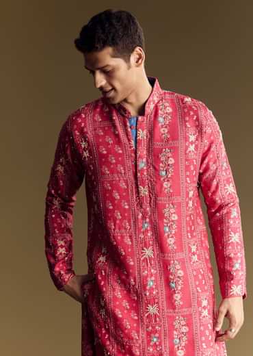 Pink Silk Kurta Set With Resham And Sequin Work