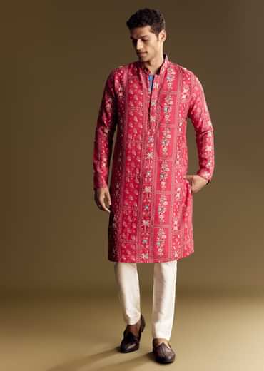 Pink Silk Kurta Set With Resham And Sequin Work