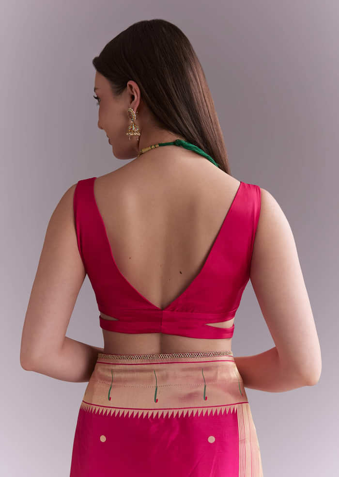 Pink Silk Muniya Paithani Saree With Multicolour Floral Motifs