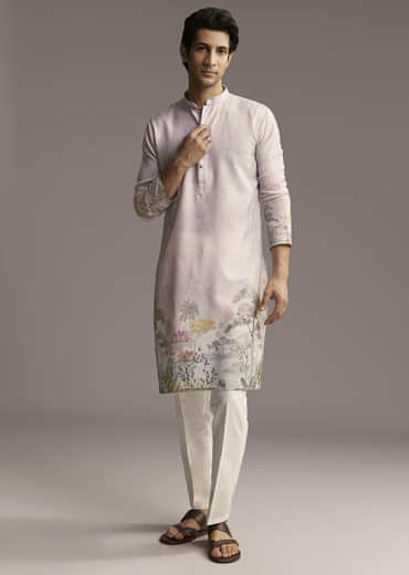 Pink Silk Kurta Set For Men With Scenic Print