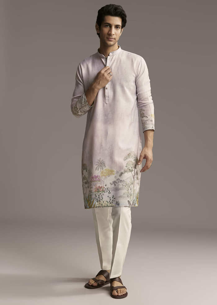 Pink Silk Kurta Set For Men With Scenic Print