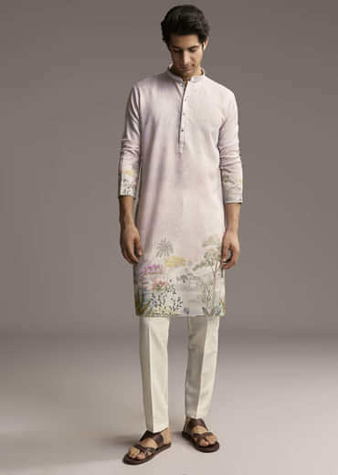 Pink Silk Kurta Set For Men With Scenic Print