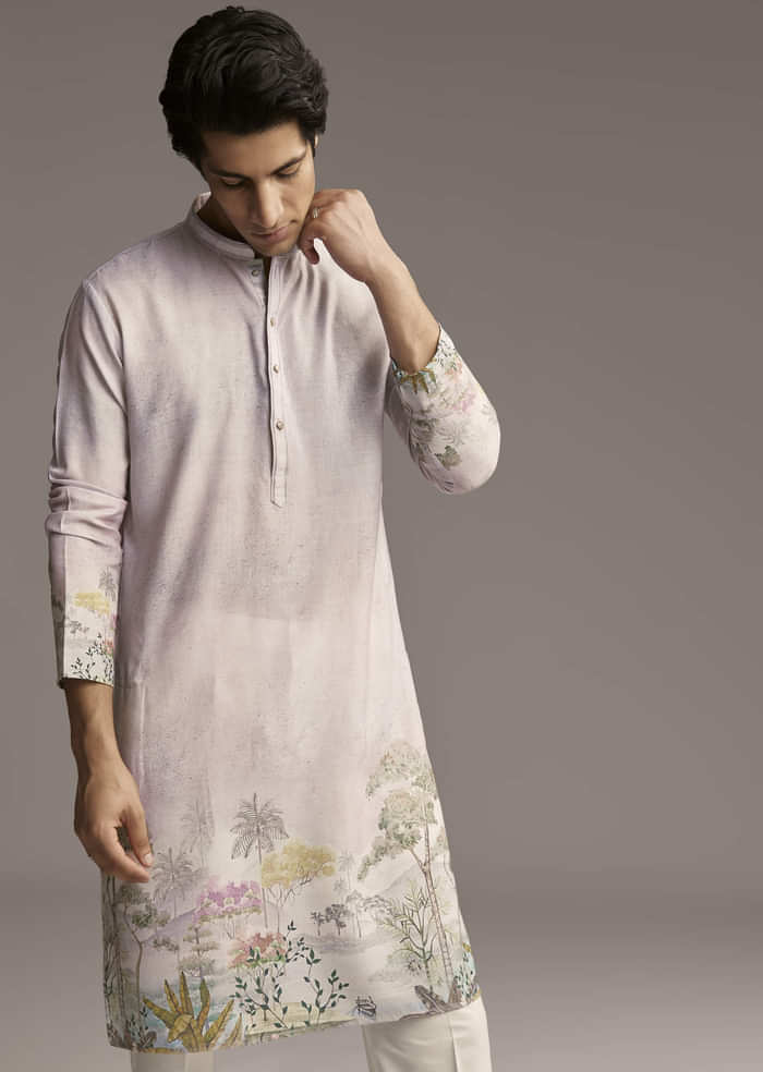 Pink Silk Kurta Set For Men With Scenic Print