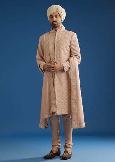 Pink Silk Sherwani Set With Tonal Hand Embroidery