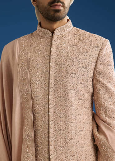 Pink Silk Sherwani Set With Tonal Hand Embroidery