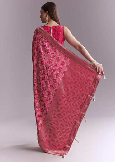 Pink Silk Woven Saree With Jaal Work And Floral Motifs