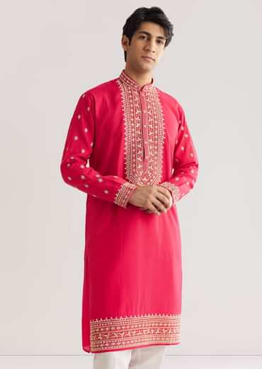 Pink Silk Yoke Embroidered Kurta Set With Gotta And Resham Work