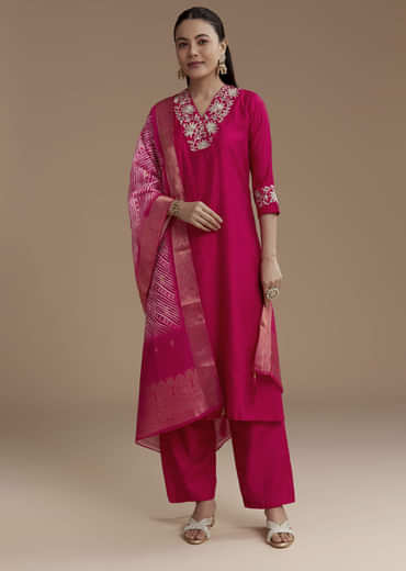 Pink Straight Silk Kurta Set with Zari Work