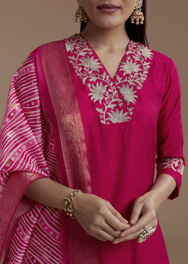 Pink Straight Silk Kurta Set with Zari Work