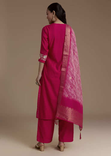 Pink Straight Silk Kurta Set with Zari Work