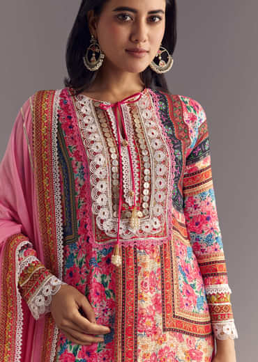 Pink Tabby Silk Floral Print Kurta Palazzo Set With Potli Bag