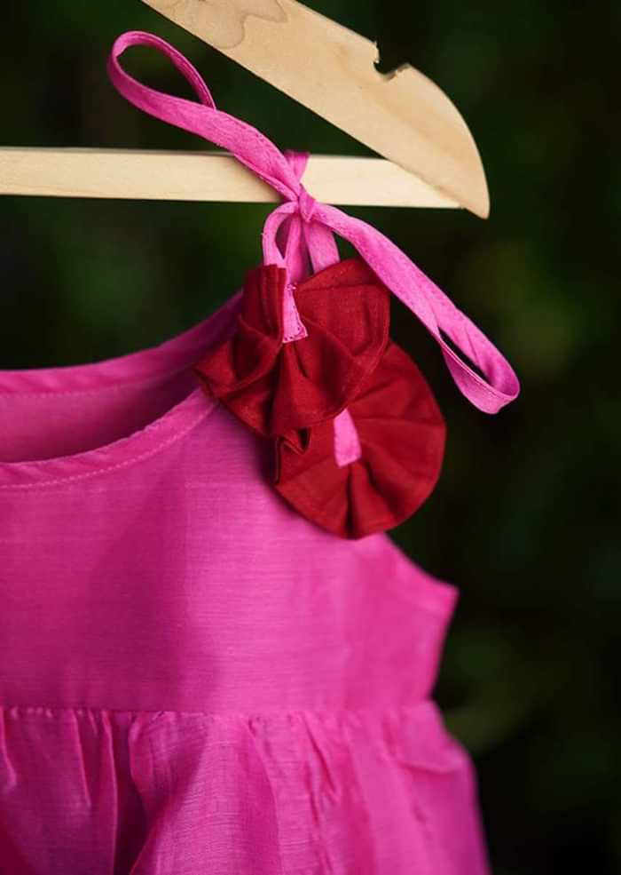 Kalki Girls Pink Tiered Dress In Cotton Silk With Adjustable Red Tie Ups On The Shoulder By Love The World Today