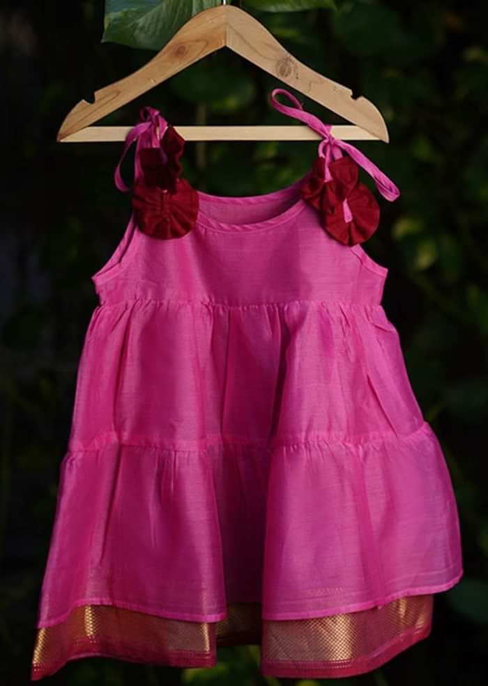 Kalki Girls Pink Tiered Dress In Cotton Silk With Adjustable Red Tie Ups On The Shoulder By Love The World Today