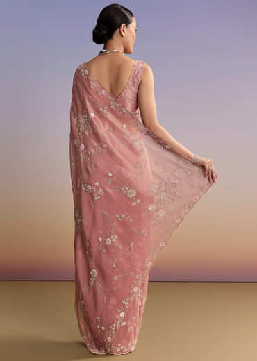 Pink Tissue Embroidered Saree With Cutdana And Jaal Work