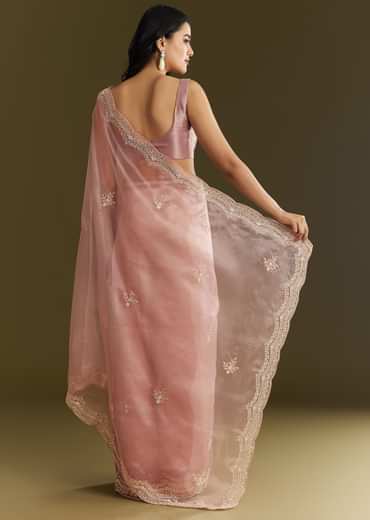 Pink Tissue Embroidered Saree With Cutdana Sequins And Moti