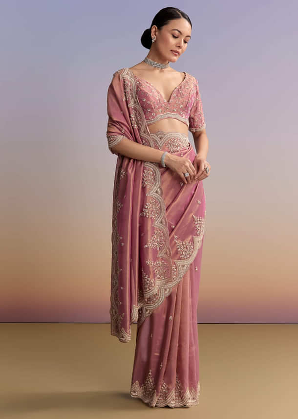Pink Tissue Embroidered Saree With Sequin And Stone Work Pink Tissue Embroidered Saree With Sequin And Stone Work