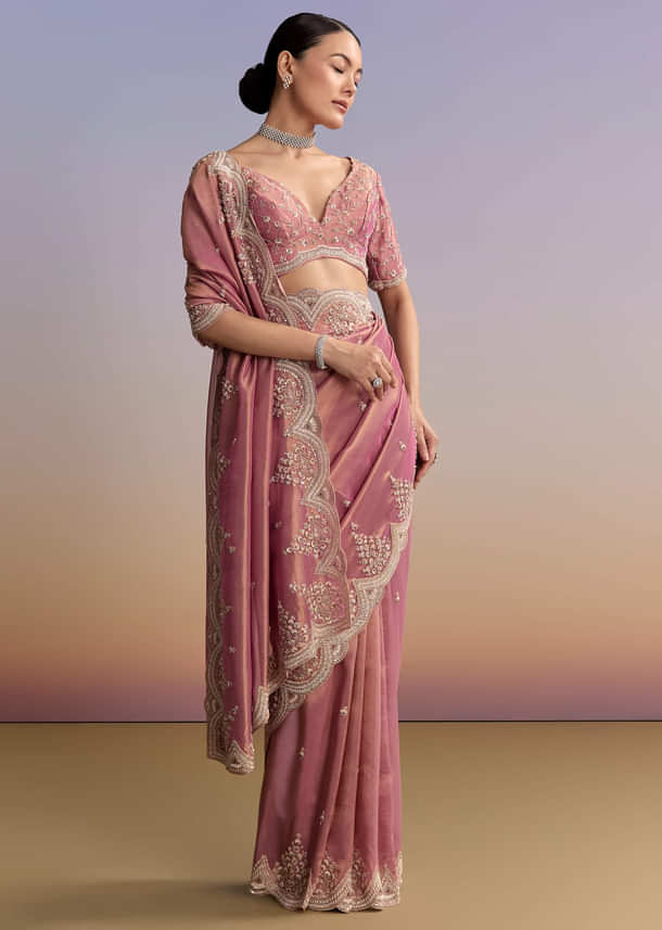 Pink Tissue Embroidered Saree With Sequin And Stone Work Pink Tissue Embroidered Saree With Sequin And Stone Work