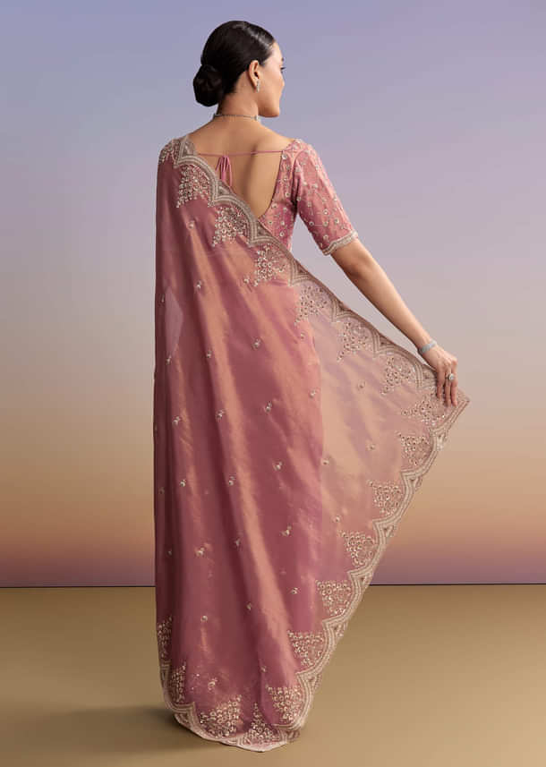 Pink Tissue Embroidered Saree With Sequin And Stone Work Pink Tissue Embroidered Saree With Sequin And Stone Work