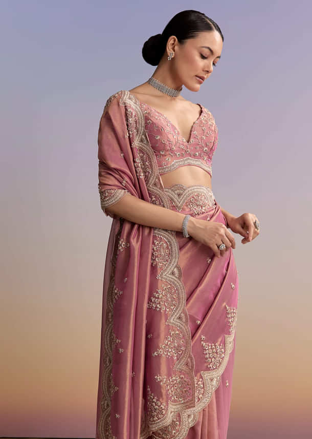 Pink Tissue Embroidered Saree With Sequin And Stone Work Pink Tissue Embroidered Saree With Sequin And Stone Work