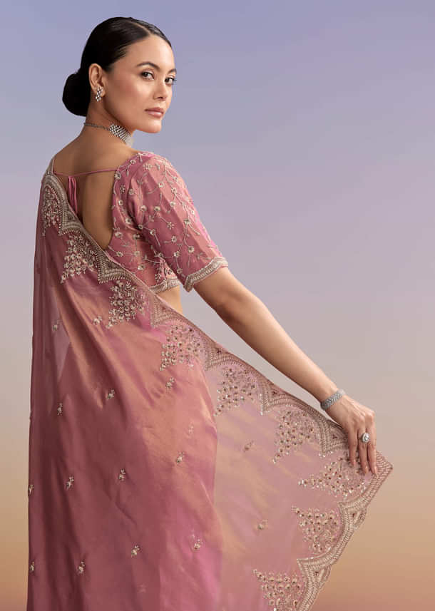 Pink Tissue Embroidered Saree With Sequin And Stone Work Pink Tissue Embroidered Saree With Sequin And Stone Work
