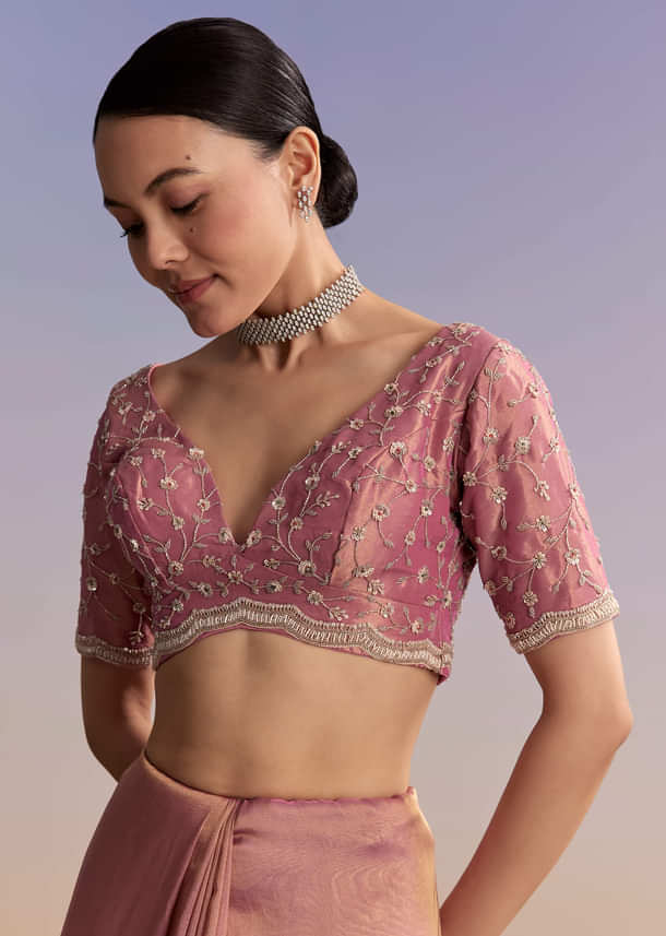 Pink Tissue Embroidered Saree With Sequin And Stone Work Pink Tissue Embroidered Saree With Sequin And Stone Work