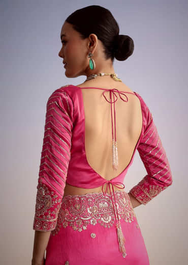 Pink Tissue Floral Embroidered Saree With Scallop Border