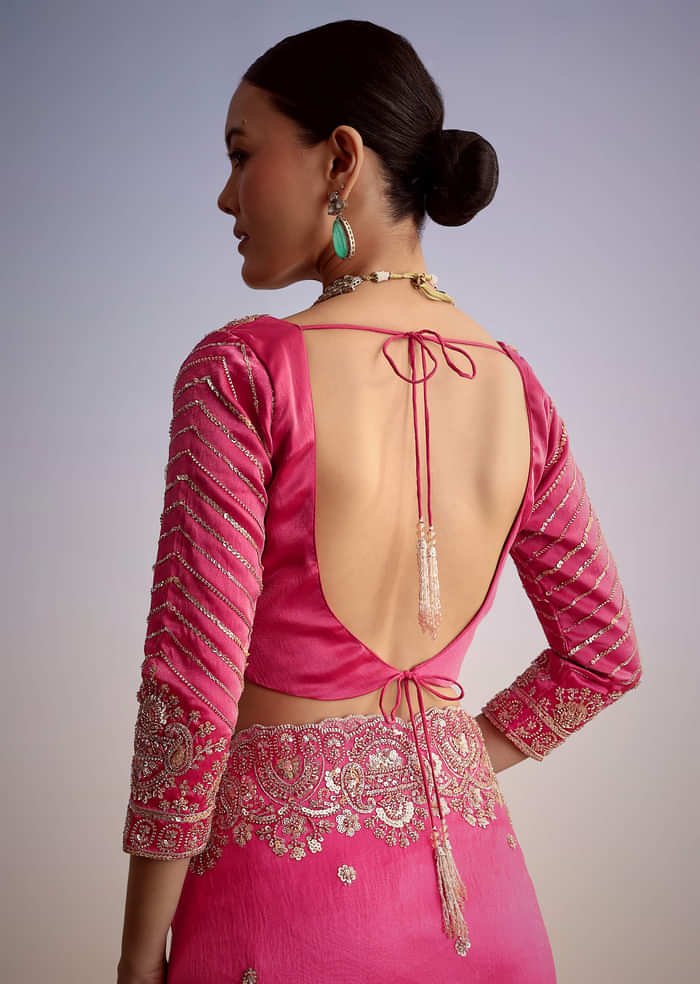 Pink Tissue Floral Embroidered Saree With Scallop Border