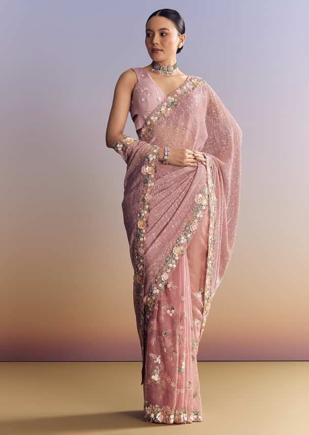 Pink Tissue Half And Half Saree With Floral Sequin Embroidery
