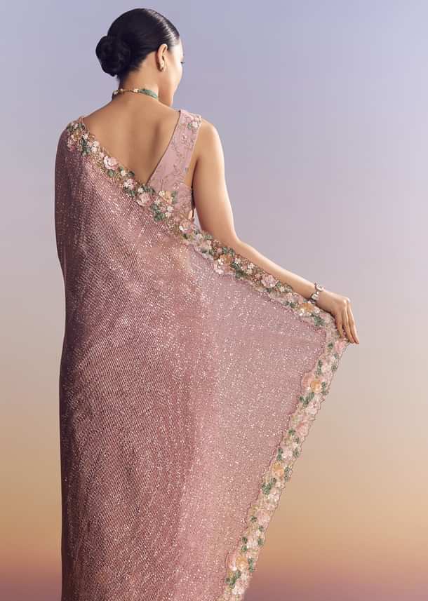 Pink Tissue Half And Half Saree With Floral Sequin Embroidery