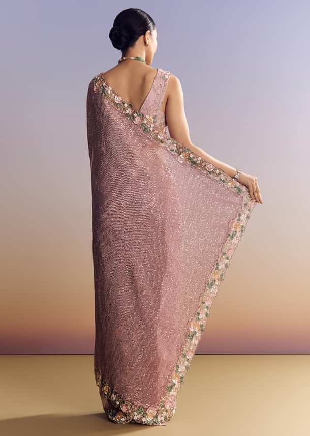 Pink Tissue Half And Half Saree With Floral Sequin Embroidery