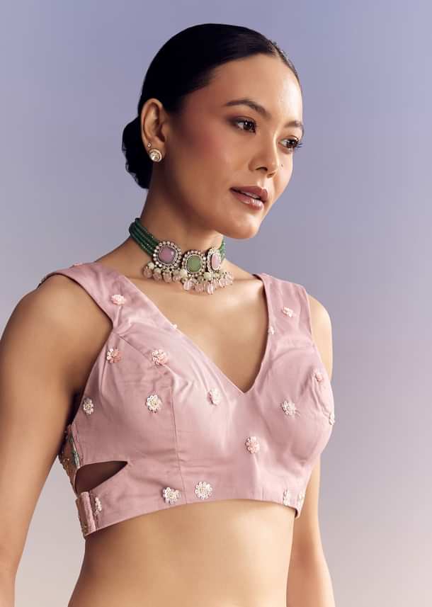 Pink Tissue Half And Half Saree With Floral Sequin Embroidery