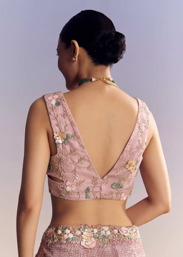 Pink Tissue Half And Half Saree With Floral Sequin Embroidery