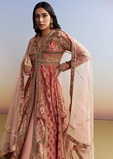 Pink Tissue Kurta Lehenga Set