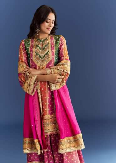 Pink Tissue Kurta With Printed Palazzo And Organza Dupatta