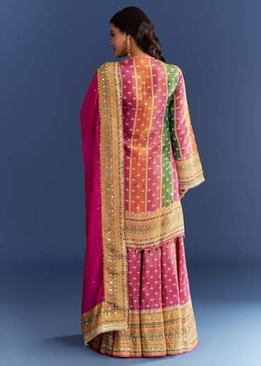 Pink Tissue Kurta With Printed Palazzo And Organza Dupatta