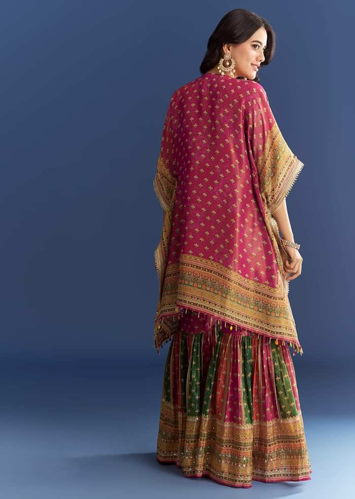 Pink Tissue Mirror Stone Embroidered Kurta With Printed Sharara