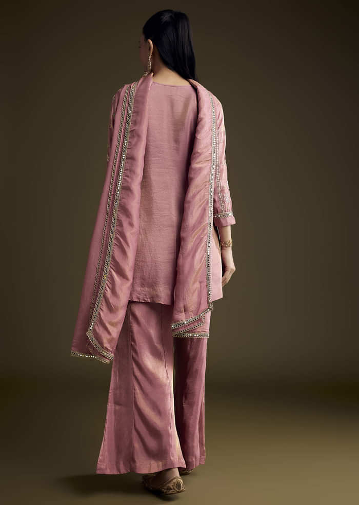 Pink Tissue Palazzo Suit With Mirror And Zari Embroidery