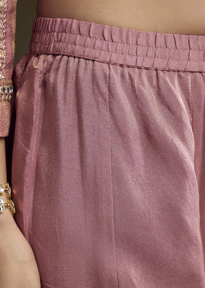 Pink Tissue Palazzo Suit With Mirror And Zari Embroidery