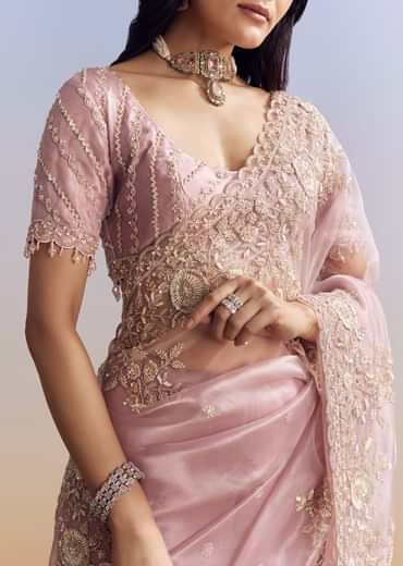 Pink Tissue Saree Adorned With Scallop Border And Heavy Embroidery