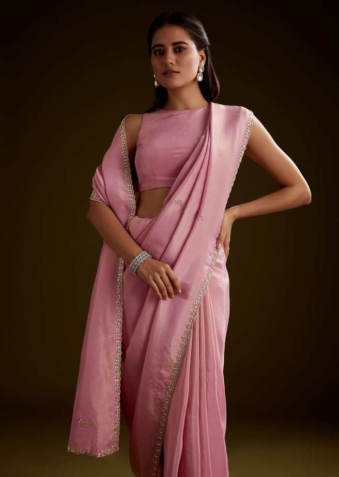 Pink Tissue Saree With Cutdana Embroidery And Scallop Border